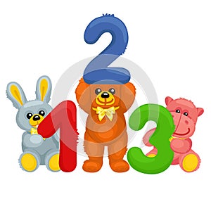 There are plush bear, bunny, panda and hippo holding numbers